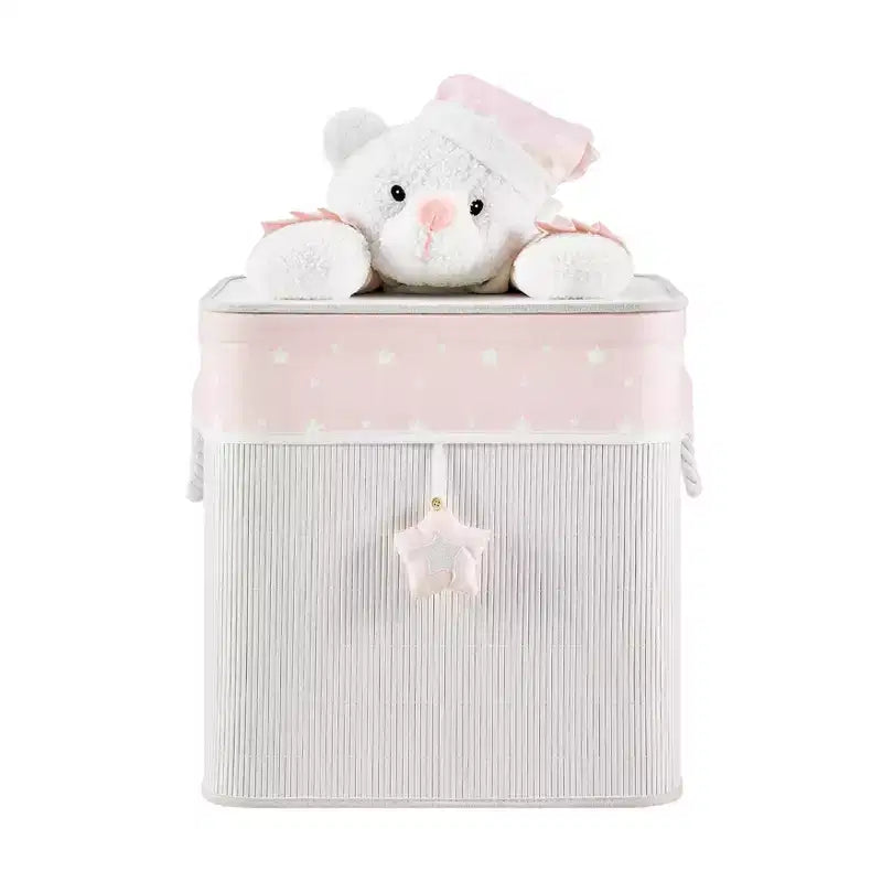 Danya B. Collapsible Bamboo Kids' Laundry Hamper Toy Storage with Handles Pink and Cream Teddy Bear