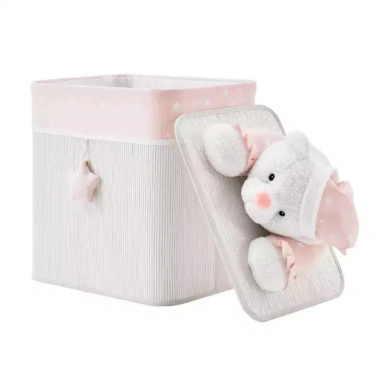 Cesto Portabiancheria Pieghevole per Bambini Danya B. in Bambù, Portaoggetti Giocattoli con Manici, Orsetto Rosa e Crema