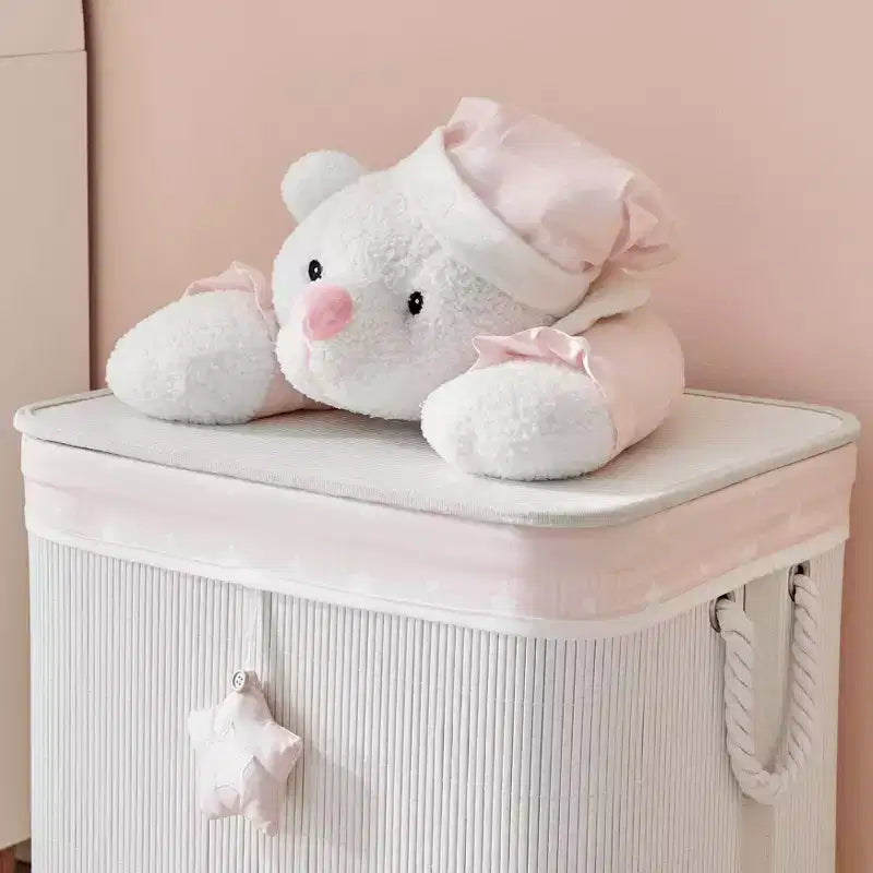 Cesto Portabiancheria Pieghevole per Bambini Danya B. in Bambù, Portaoggetti Giocattoli con Manici, Orsetto Rosa e Crema