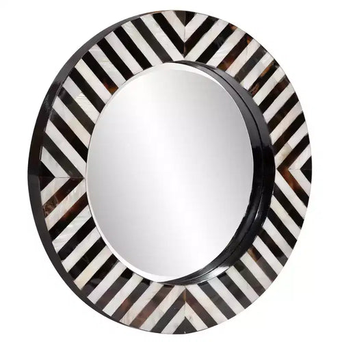 24" Julianna Round Beveled Wall Mirror with Black and White Horn and Shell Frame