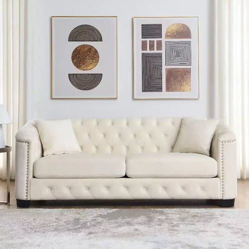 77-Inch Modern Chesterfield Velvet Sofa, 3-Seater Sofa, Upholstered Tufted Backrests with Nailhead Arms and 2 Cushions for Living Room