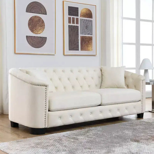 Divano Chesterfield Moderno in Velluto da 77 Pollici, Divano a 3 Posti, Schienale Trapuntato Rivestito con Braccioli Chiodati e 2 Cuscini per Soggiorno