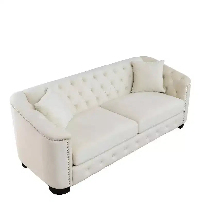 Divano Chesterfield Moderno in Velluto da 77 Pollici, Divano a 3 Posti, Schienale Trapuntato Rivestito con Braccioli Chiodati e 2 Cuscini per Soggiorno