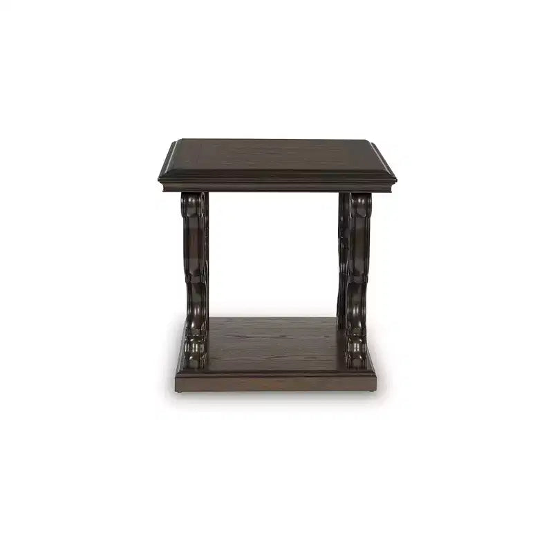 Tavolino quadrato Maylee con gambe ornate a voluta, stile tradizionale, altezza 61 cm, finitura marrone scuro
