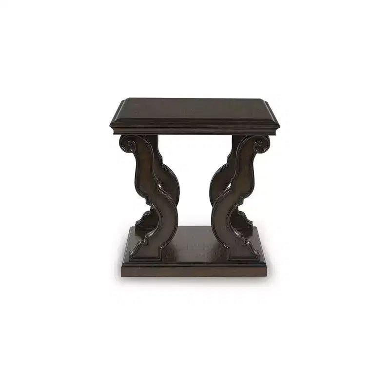Tavolino quadrato Maylee con gambe ornate a voluta, stile tradizionale, altezza 61 cm, finitura marrone scuro