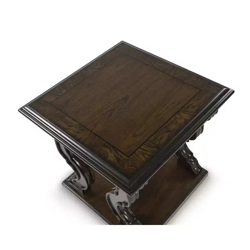 Tavolino quadrato Maylee con gambe ornate a voluta, stile tradizionale, altezza 61 cm, finitura marrone scuro