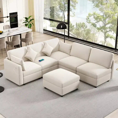 85.4 Modular Sectional Sofa Bed with Ottoman, USB Ports  Convertible L/U-Shaped Chenille Sofa for Living Room