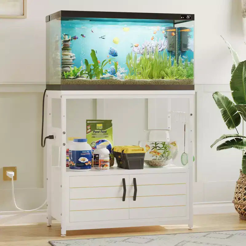 Mobile per acquario Bestier Gallon con presa di corrente, supporto nero per acquario con armadietti, mobile rettangolare per acquario con piedini regolabili e 4 ganci