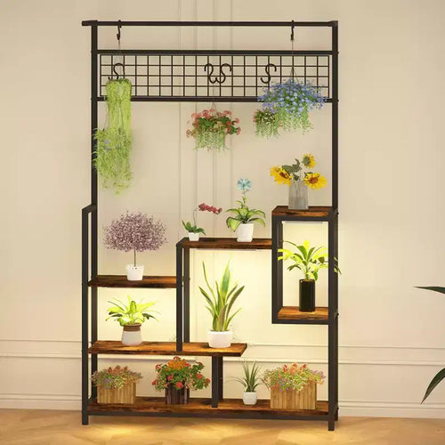 7-Tier Indoor Plant Shelf with Grow Lights & Hanging Hooks, Tall Metal Plant Stand for Bonsai, Flowers, and Decor, Balcony & Living Room Organizer