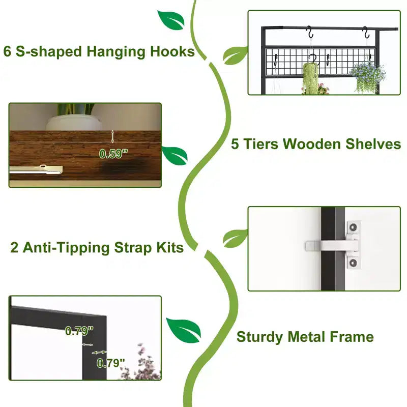 Scaffale per piante da interno a 7 ripiani con luci di crescita e ganci appendiabiti, supporto per piante alto in metallo per bonsai, fiori e decorazioni, organizer per balcone e soggiorno