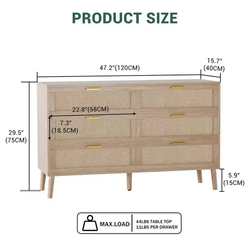 Cassettiera a 6 cassetti / 8 cassetti, cassettiera in rattan naturale, cassettiera in legno stile rustico con maniglie dorate per soggiorno, ingresso, corridoio