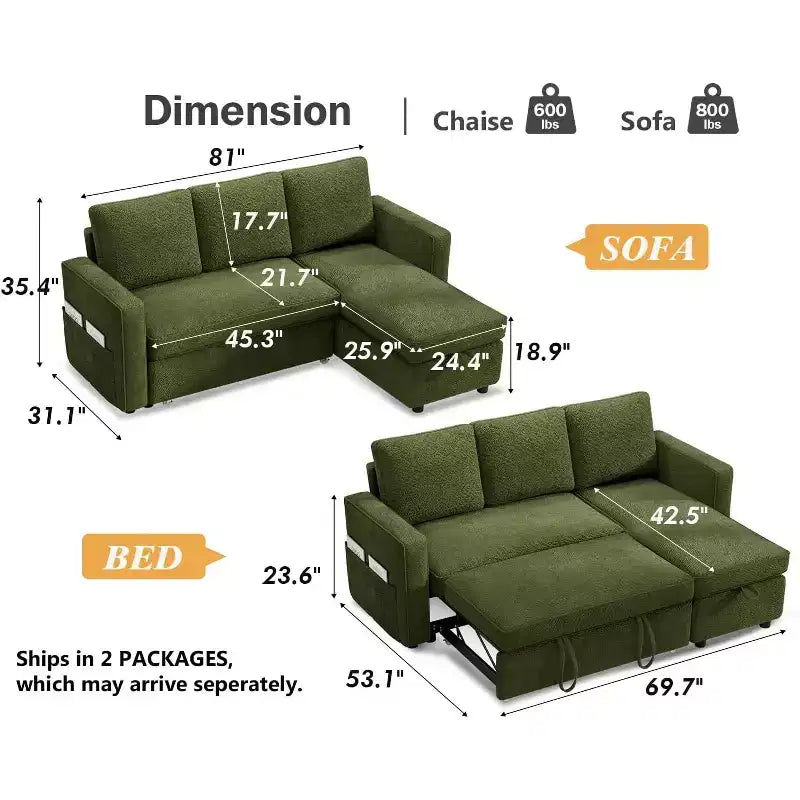 Divano letto multifunzione Dyonery da 81 pollici, divano estraibile, nessun attrezzo richiesto per il montaggio, due opzioni di tessuto disponibili