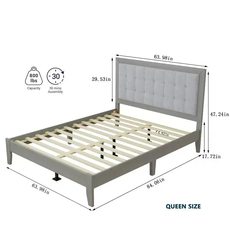 Okak Regina/Re Piattaforma Letto Imbottito Legno Massello Moderno con Testiera Trapuntata a Quadretti Senza Rumore Facile da Montare