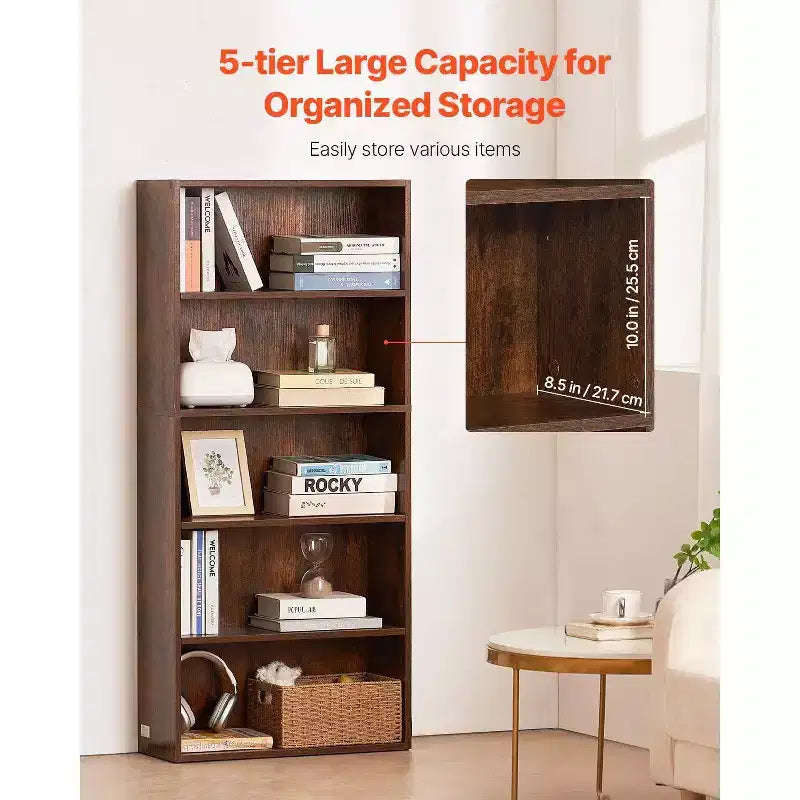 VIYET Libreria stretta a 5 ripiani alta 134 cm, Scaffale aperto regolabile, Stoccaggio autoportante, Camera da letto/Soggiorno/Ufficio/Biblioteca, Marrone