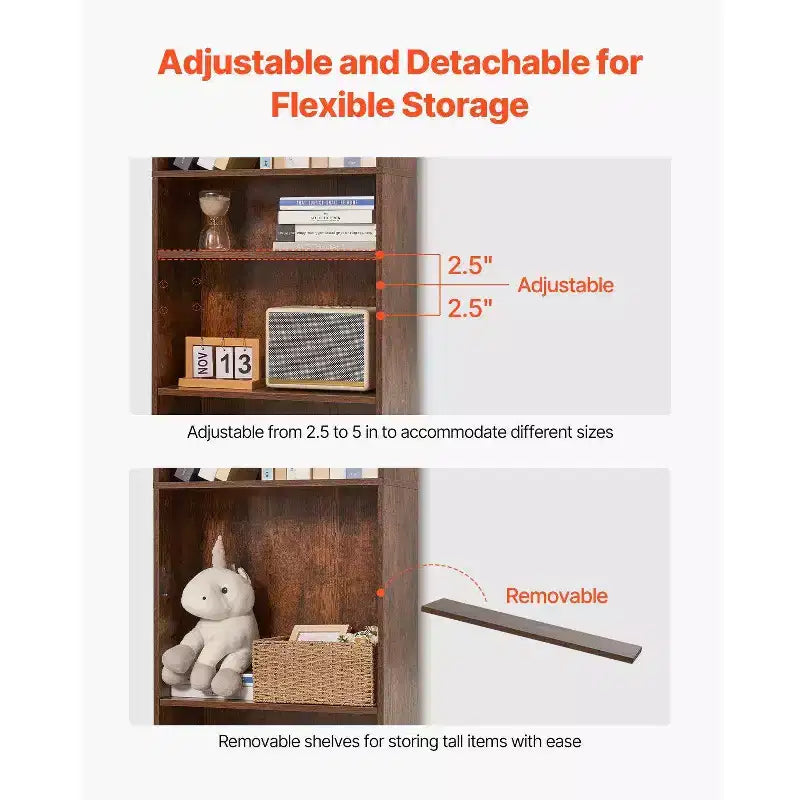 VIYET Libreria stretta a 5 ripiani alta 134 cm, Scaffale aperto regolabile, Stoccaggio autoportante, Camera da letto/Soggiorno/Ufficio/Biblioteca, Marrone