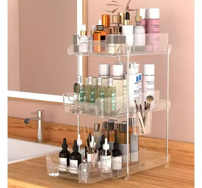 1 scaffale portaoggetti impilabile multifunzione in plastica per scrivania, cosmetici, bagno, cucina, 3 livelli