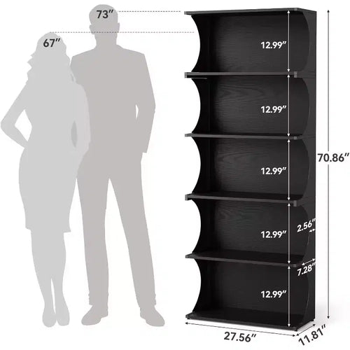 Libreria a 5 ripiani, scaffale aperto alto 180 cm con design unico a bordo curvo, espositore moderno per ufficio, soggiorno, camera da letto, nero