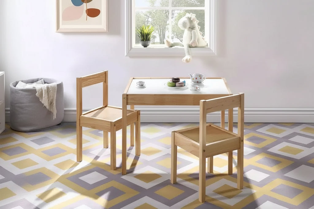 Etokfoks 3 Piece Kids Table and Chair Set with Dry Erase Tabletop Solid Wood Durable Natural Finish Includes 2 Chairs