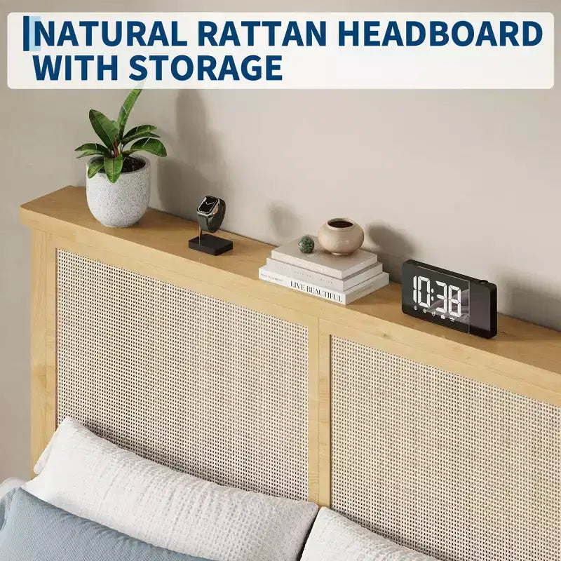 Struttura Letto in Rattan, Testiera Contenitore Naturale con Luci, Piedi di Supporto in Legno e Doghe Silenziose, Nessuna Rete a Molle, Silenzioso, Facile Montaggio