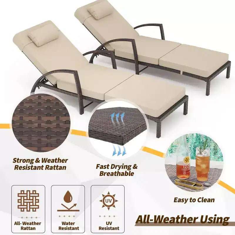 Coolmee Set di 2 Lettini Reclinabili Pieghevoli in Rattan da Esterno, Sdraio da Giardino con Schienale Regolabile in 5 Posizioni e Cuscino, Ideali per Patio e Piscina