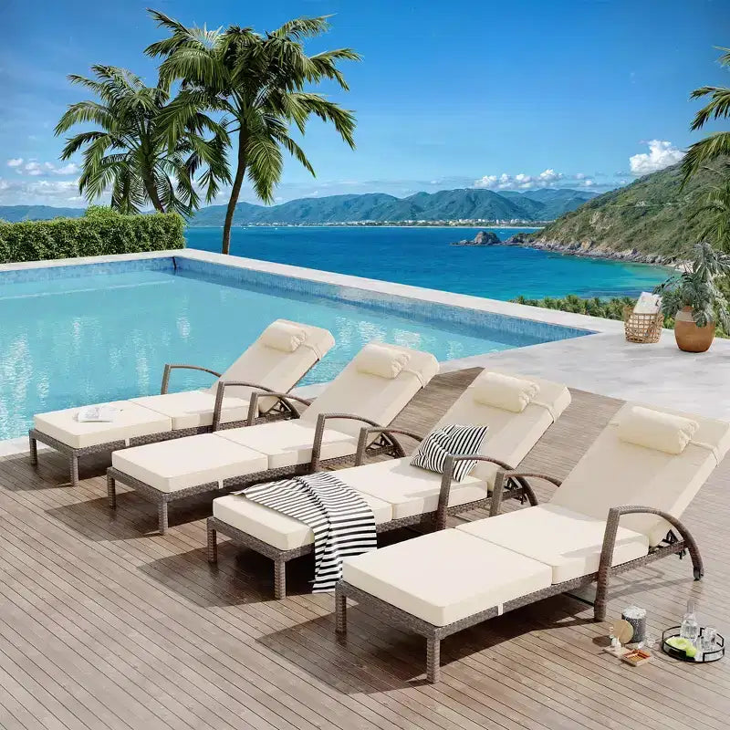 Coolmee Set di 2 Lettini Reclinabili Pieghevoli in Rattan da Esterno, Sdraio da Giardino con Schienale Regolabile in 5 Posizioni e Cuscino, Ideali per Patio e Piscina