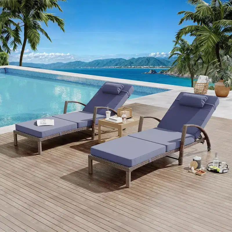 Coolmee Set di 2 Lettini Reclinabili Pieghevoli in Rattan da Esterno, Sdraio da Giardino con Schienale Regolabile in 5 Posizioni e Cuscino, Ideali per Patio e Piscina