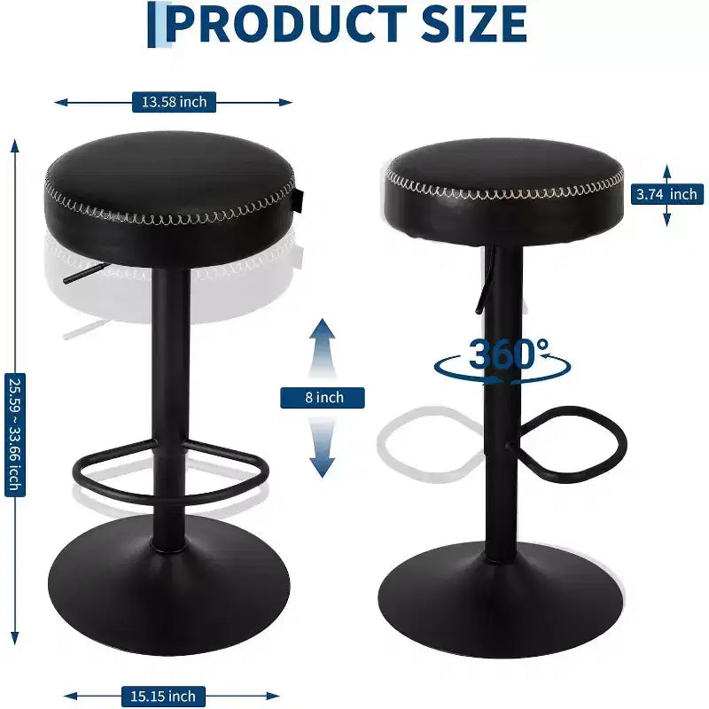 Set di 2 Sgabelli da Bar Regolabili Moderni, Rivestiti in Pelle Nera Cerata a Olio - Girevoli a 360°, Sedie Altezza Bancone, Perfetti per Cucina, Bar Domestico, Sala Relax