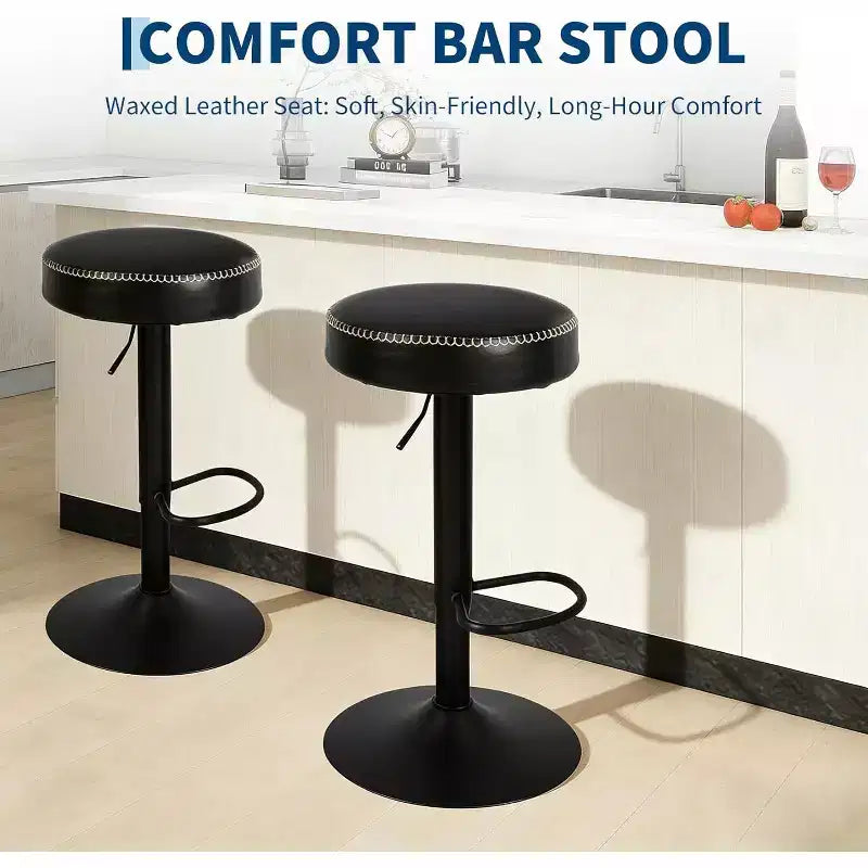 Set di 2 Sgabelli da Bar Regolabili Moderni, Rivestiti in Pelle Nera Cerata a Olio - Girevoli a 360°, Sedie Altezza Bancone, Perfetti per Cucina, Bar Domestico, Sala Relax