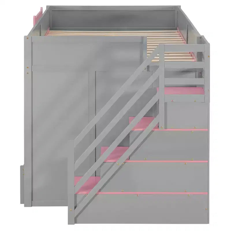 Letto a castello full over full Luxystar con scale contenitore, libreria illuminata regolabile e letto estraibile a scomparsa