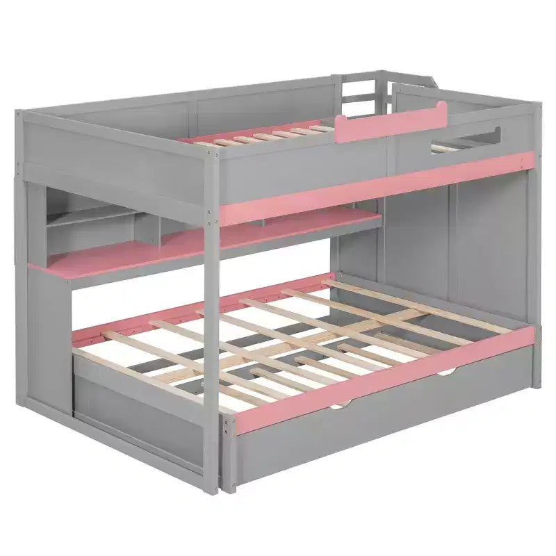 Letto a castello full over full Luxystar con scale contenitore, libreria illuminata regolabile e letto estraibile a scomparsa