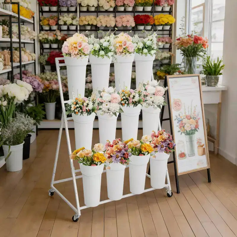 Coolmee Espositore per Fiori, Carretto per Fiori a 3 Livelli con 12 Secchi Rotondi e Ruote, Espositore Mobile per Fiori per Giardino, Matrimoni, Fiorai