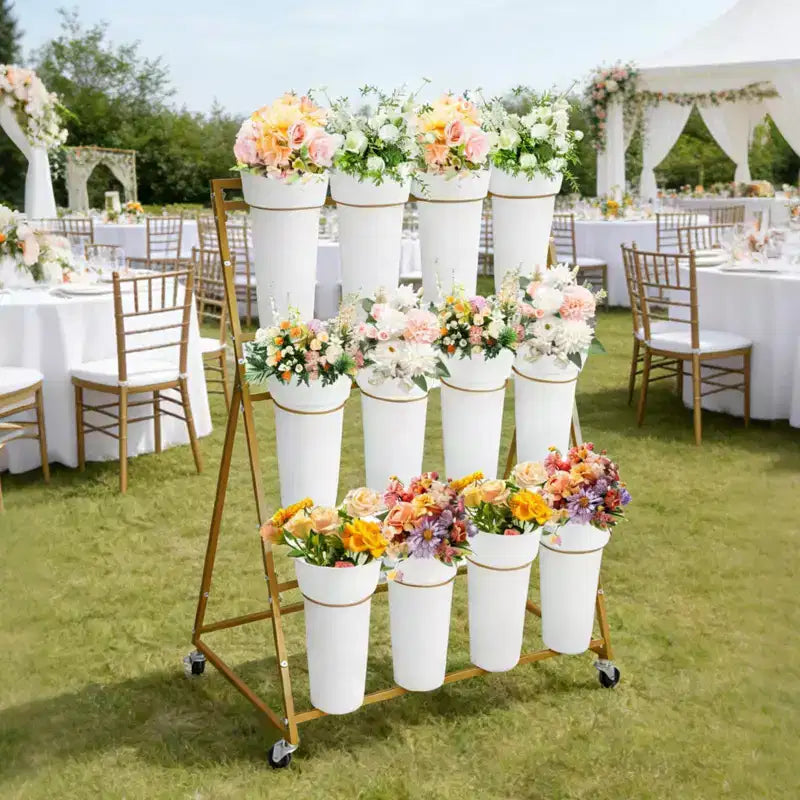 Coolmee Espositore per Fiori, Carretto per Fiori a 3 Livelli con 12 Secchi Rotondi e Ruote, Espositore Mobile per Fiori per Giardino, Matrimoni, Fiorai