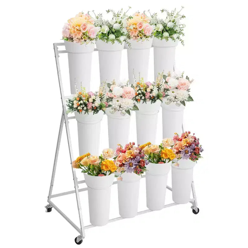 Coolmee Espositore per Fiori, Carretto per Fiori a 3 Livelli con 12 Secchi Rotondi e Ruote, Espositore Mobile per Fiori per Giardino, Matrimoni, Fiorai