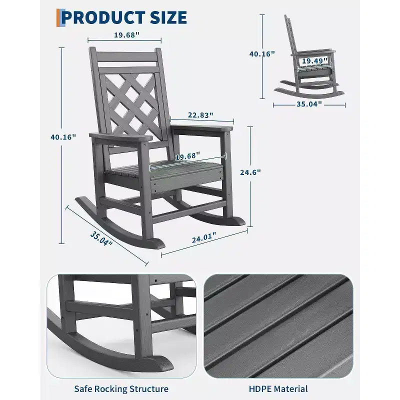 Sedia a dondolo Adirondack in HDPE per tutte le stagioni, 172 kg, resistente alle intemperie, schienale alto, braccioli larghi, per ponte, patio, piscina, giardino