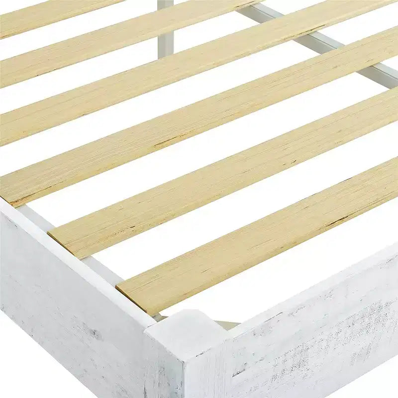 Base letto a piattaforma rustica in legno massello di pino alta 30 cm, facile da montare, con 12 supporti a doghe in legno, in legno di pino sbiancato