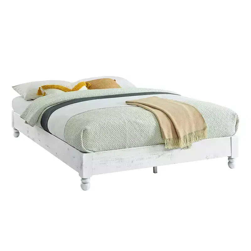 Base letto a piattaforma rustica in legno massello di pino alta 30 cm, facile da montare, con 12 supporti a doghe in legno, in legno di pino sbiancato