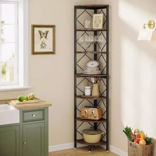 LITTLE TREE 78.7" 7 Tier Bookshelf Bookcase Brown/Black